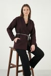 Regular Fit Kruvaze Yaka Fular Kemerli Blazer Kadın Ceket 6927673 MÜRDÜM