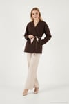 Regular Fit Kruvaze Yaka Fular Kemerli Blazer Kadın Ceket 6927673 KAHVE