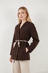 Regular Fit Kruvaze Yaka Fular Kemerli Blazer Kadın Ceket 6927673 KAHVE