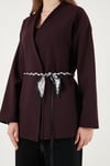 Regular Fit Kruvaze Yaka Fular Kemerli Blazer Kadın Ceket 6927673 MÜRDÜM