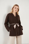 Regular Fit Kruvaze Yaka Fular Kemerli Blazer Kadın Ceket 6927673 KAHVE