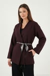 Regular Fit Kruvaze Yaka Fular Kemerli Blazer Kadın Ceket 6927673 MÜRDÜM