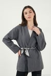 Regular Fit Kruvaze Yaka Fular Kemerli Blazer Kadın Ceket 6927673 ANTRASİT