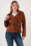 Regular Fit Kruvaze Yaka Kuşaklı Süet Dokulu Kadın Ceket 6839640 TABA