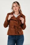 Regular Fit Kruvaze Yaka Kuşaklı Süet Dokulu Kadın Ceket 6839640 TABA