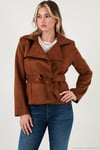 Regular Fit Kruvaze Yaka Kuşaklı Süet Dokulu Kadın Ceket 6839640 TABA