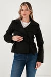 Regular Fit Kruvaze Yaka Kuşaklı Süet Dokulu Kadın Ceket 6839640 SİYAH