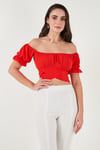 Regular Fit Madonna Yaka Bağlama Detaylı Crop Kadın Bluz 6527017 NAR ÇİÇEĞİ