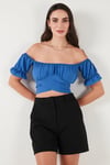 Regular Fit Madonna Yaka Bağlama Detaylı Crop Kadın Bluz 6527017 MAVİ