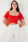 Regular Fit Madonna Yaka Bağlama Detaylı Crop Kadın Bluz 6527017 NAR ÇİÇEĞİ