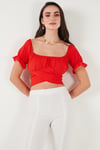 Regular Fit Madonna Yaka Bağlama Detaylı Crop Kadın Bluz 6527017 NAR ÇİÇEĞİ