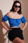 Regular Fit Madonna Yaka Bağlama Detaylı Crop Kadın Bluz 6527017 MAVİ