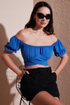 Regular Fit Madonna Yaka Bağlama Detaylı Crop Kadın Bluz 6527017 MAVİ