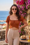 Regular Fit Madonna Yaka Bağlama Detaylı Crop Kadın Bluz 6527017 KAHVE