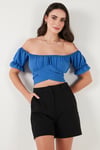 Regular Fit Madonna Yaka Bağlama Detaylı Crop Kadın Bluz 6527017 MAVİ