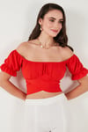 Regular Fit Madonna Yaka Bağlama Detaylı Crop Kadın Bluz 6527017 NAR ÇİÇEĞİ