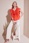 Regular Fit Önden Bağlamalı Volanlı Kadın Bluz 611FB20064 ORANJ