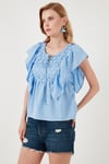 Regular Fit Önden Bağlamalı Volanlı Kadın Bluz 611FB20064 BEBE MAVİ