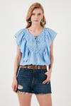 Regular Fit Önden Bağlamalı Volanlı Kadın Bluz 611FB20064 BEBE MAVİ