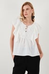 Regular Fit Önden Bağlamalı Volanlı Kadın Bluz 611FB20064 EKRU