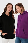 Regular Fit Pamuklu Kapüşonlu Yaka Şardonlu Kışlık 2'li Paket Kadın Sweat 5863854S2 Mor-Siyah