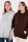 Regular Fit Pamuklu Kapüşonlu Yaka Şardonlu Kışlık 2'li Paket Kadın Sweat 5863854S2 Gri Melanj-Kahve