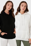 Regular Fit Pamuklu Kapüşonlu Yaka Şardonlu Kışlık 2'li Paket Kadın Sweat 5863854S2 EKRU-SİYAH