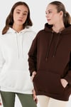 Regular Fit Pamuklu Kapüşonlu Yaka Şardonlu Kışlık 2'li Paket Kadın Sweat 5863854S2 EKRU-KAHVE
