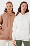 Regular Fit Pamuklu Kapüşonlu Yaka Şardonlu Kışlık 2'li Paket Kadın Sweat 5863854S2 Ekru-Bisküvi