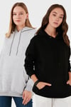 Regular Fit Pamuklu Kapüşonlu Yaka Şardonlu Kışlık 2'li Paket Kadın Sweat 5863854S2 Gri Melanj-Siyah