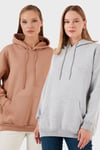 Regular Fit Pamuklu Kapüşonlu Yaka Şardonlu Kışlık 2'li Paket Kadın Sweat 5863854S2 Gri Melanj-Bisküvi