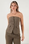 Regular Fit Straplez Yaka Düğmeli Kadın Yelek 6839611 HAKİ
