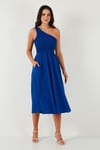 Regular Fit Tek Omuz Belden Açılan Gipeli Midi Boy Kadın Elbise 67810248 MAVİ