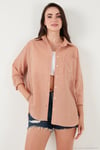 Regular Fit Uzun Kollu Cepli Çizgili Kadın Gömlek 6772895 KİREMİT