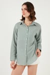 Regular Fit Uzun Kollu Cepli Çizgili Kadın Gömlek 6772895 YEŞİL