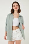 Regular Fit Uzun Kollu Cepli Çizgili Kadın Gömlek 6772895 YEŞİL