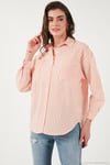 Regular Fit Uzun Kollu Çizgili Kadın Gömlek 6772875 ORANJ