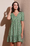 Regular Fit V Yaka Balon Kol Desenli Mini Kadın Elbise 67810045 YEŞİL