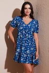 Regular Fit V Yaka Balon Kol Desenli Mini Kadın Elbise 67810045 KOYU MAVİ