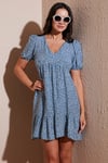 Regular Fit V Yaka Balon Kol Desenli Mini Kadın Elbise 67810045 İNDİGO