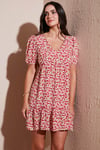 Regular Fit V Yaka Balon Kol Desenli Mini Kadın Elbise 67810045 PEMBE