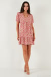 Regular Fit V Yaka Balon Kol Desenli Mini Kadın Elbise 67810045 PEMBE
