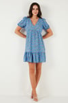 Regular Fit V Yaka Balon Kol Desenli Mini Kadın Elbise 67810045 MAVİ
