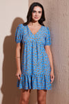 Regular Fit V Yaka Balon Kol Desenli Mini Kadın Elbise 67810045 MAVİ