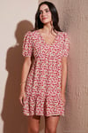 Regular Fit V Yaka Balon Kol Desenli Mini Kadın Elbise 67810045 PEMBE
