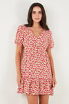 Regular Fit V Yaka Balon Kol Desenli Mini Kadın Elbise 67810045 PEMBE