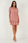 Regular Fit V Yaka Balon Kol Desenli Mini Kadın Elbise 67810045 PEMBE