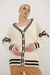 Regular Fit V Yaka Çizgili Triko Kadın Hırka 24K0511K1 EKRU