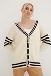 Regular Fit V Yaka Çizgili Triko Kadın Hırka 24K0511K1 EKRU