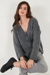 Regular Fit V Yaka Düğmeli Triko Kadın Hırka 4616229 ANTRASİT